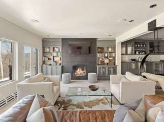 Experience luxurious living in this stunning living room, featuring a modern fireplace and ample built-in shelving for display.