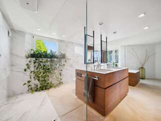 Experience luxury in this modern bathroom featuring a spacious walk-in shower with marble accents and a lush hanging plant.