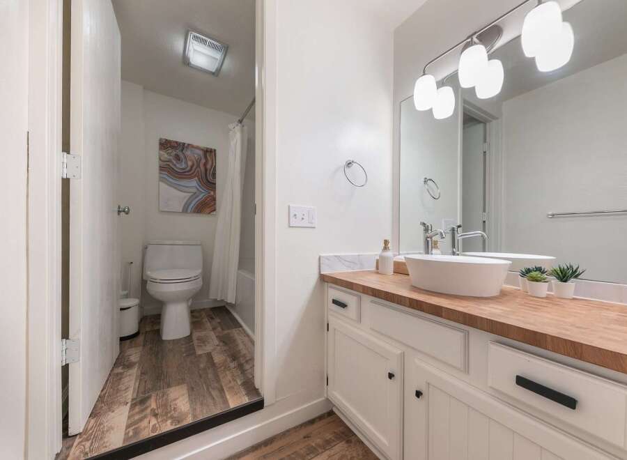 This modern bathroom features a sleek vanity with a vessel sink and a butcher block countertop, complemented by a separate toilet and bathtub area.