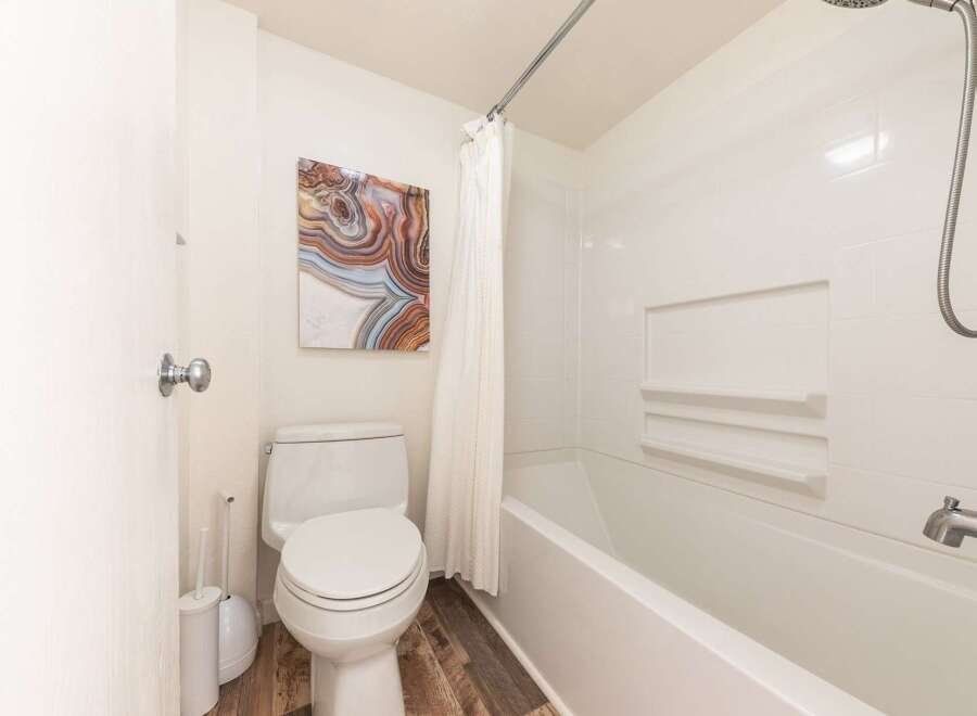 This bathroom features a clean and modern design with a white toilet and bathtub.