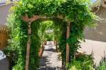 Step into a lush, green oasis with this charming garden pathway, perfectly framed by a wooden arbor draped in vibrant foliage.