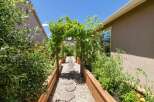 Discover this charming backyard oasis featuring a picturesque garden path lined with raised garden beds, perfect for cultivating your own produce.