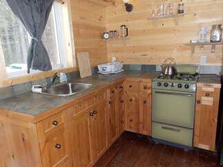 Discover this charming cabin kitchen, featuring warm wooden cabinetry and a durable slate countertop.