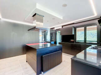 Experience modern luxury in this sleek, contemporary kitchen featuring a striking island with a built-in cooktop and vibrant red accent.