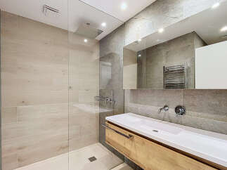 Experience modern luxury in this stunning bathroom featuring a spacious walk-in shower with a rainfall showerhead and elegant wood-look tiles.