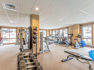This well-equipped gym features a variety of cardio machines, including treadmills and stationary bikes, perfect for maintaining your fitness routine.