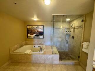 Indulge in luxury with this spacious bathroom featuring a deep soaking tub and a separate glass-enclosed shower.