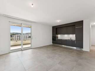 Experience modern living in this spacious apartment featuring a sleek, dark-toned kitchen with integrated appliances and ample cabinet space.