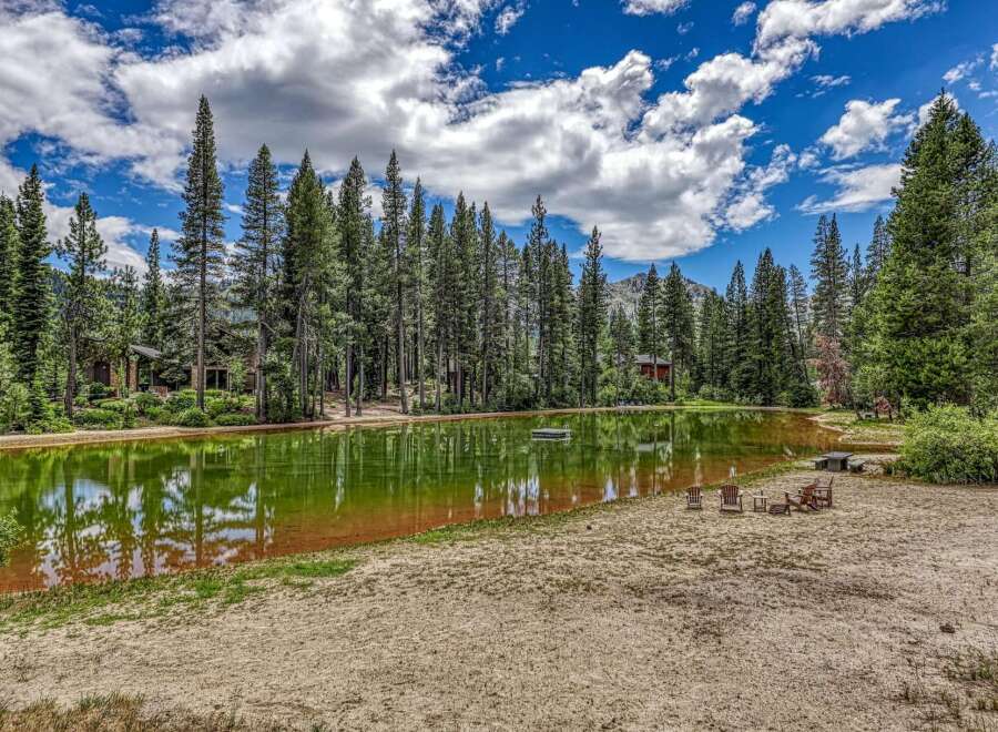 Escape to this serene mountain retreat featuring a private pond surrounded by towering pine trees.