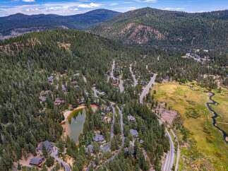 Nestled amidst a dense pine forest, this aerial view showcases a serene mountain community.