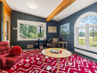Step into this cozy living room featuring a vibrant red shag rug and a plush red armchair, perfect for relaxation.