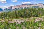 Discover breathtaking natural beauty with this stunning mountain landscape, featuring majestic cliffs and a dense forest of evergreen trees.