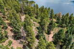 Discover your private oasis with this stunning aerial view of a lush, wooded property bordering a serene lake.