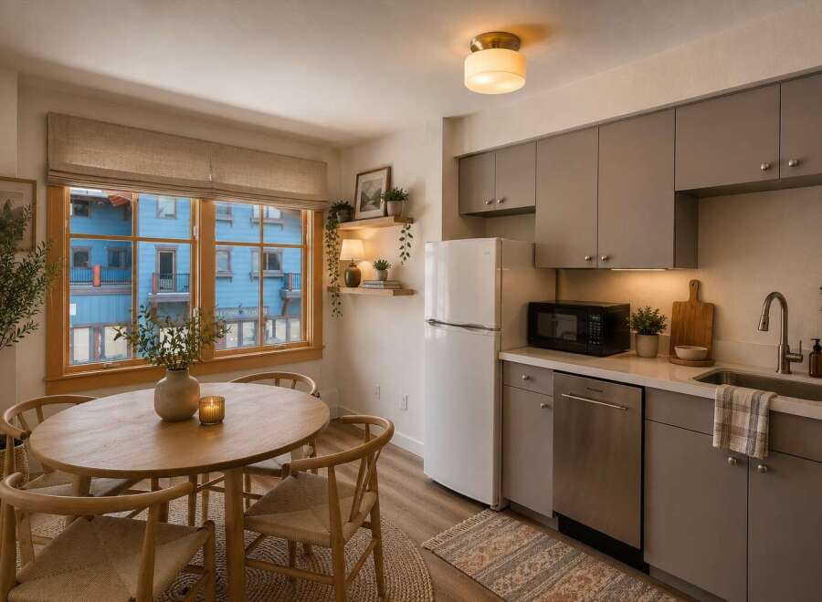 This charming studio apartment features a cozy dining area with a round wooden table and chairs, perfect for intimate meals.