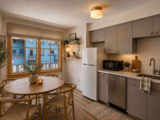 This charming studio apartment features a cozy dining area with a round wooden table and chairs, perfect for intimate meals.