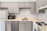 Discover this charming kitchen featuring sleek, modern cabinetry and a convenient countertop space perfect for meal preparation.