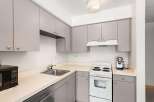 This kitchen features sleek, modern gray cabinetry complemented by a durable countertop.