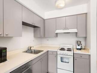 This kitchen features sleek, modern gray cabinetry complemented by a durable countertop.