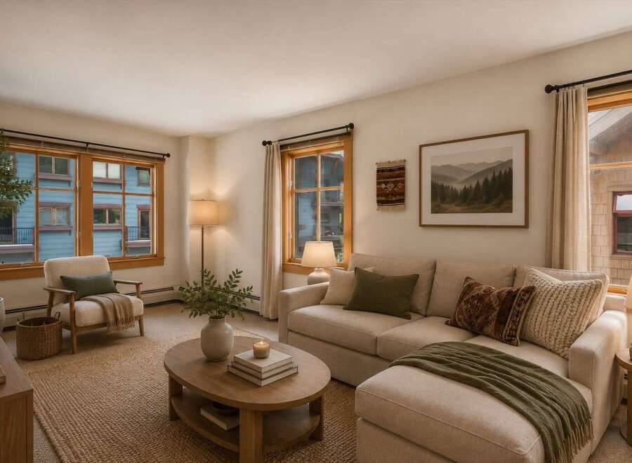 Experience cozy living in this inviting living room, featuring a plush sectional sofa adorned with decorative pillows and a warm green throw blanket.