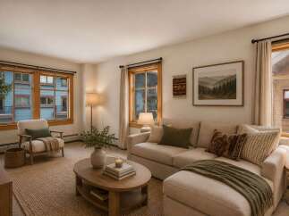 Experience cozy living in this inviting living room, featuring a plush sectional sofa adorned with decorative pillows and a warm green throw blanket.