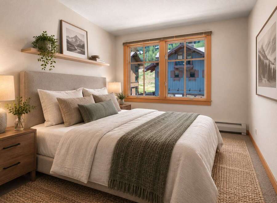 Experience cozy mountain living in this charming bedroom, featuring a plush upholstered headboard and a comfortable bed adorned with textured linens and a warm throw blanket.