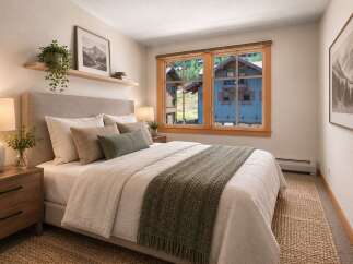 Experience cozy mountain living in this charming bedroom, featuring a plush upholstered headboard and a comfortable bed adorned with textured linens and a warm throw blanket.