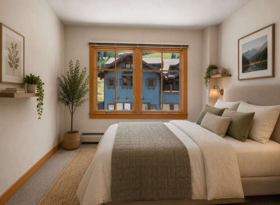 This charming bedroom offers a serene retreat with a comfortable bed dressed in crisp linens and accented with plush pillows.