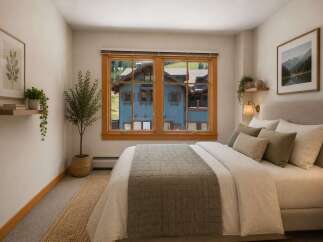 This charming bedroom offers a serene retreat with a comfortable bed dressed in crisp linens and accented with plush pillows.