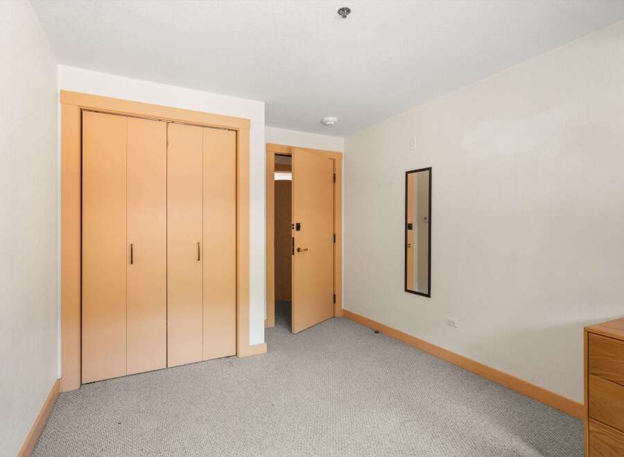 This bedroom features a spacious closet with double doors and a sleek, modern design.