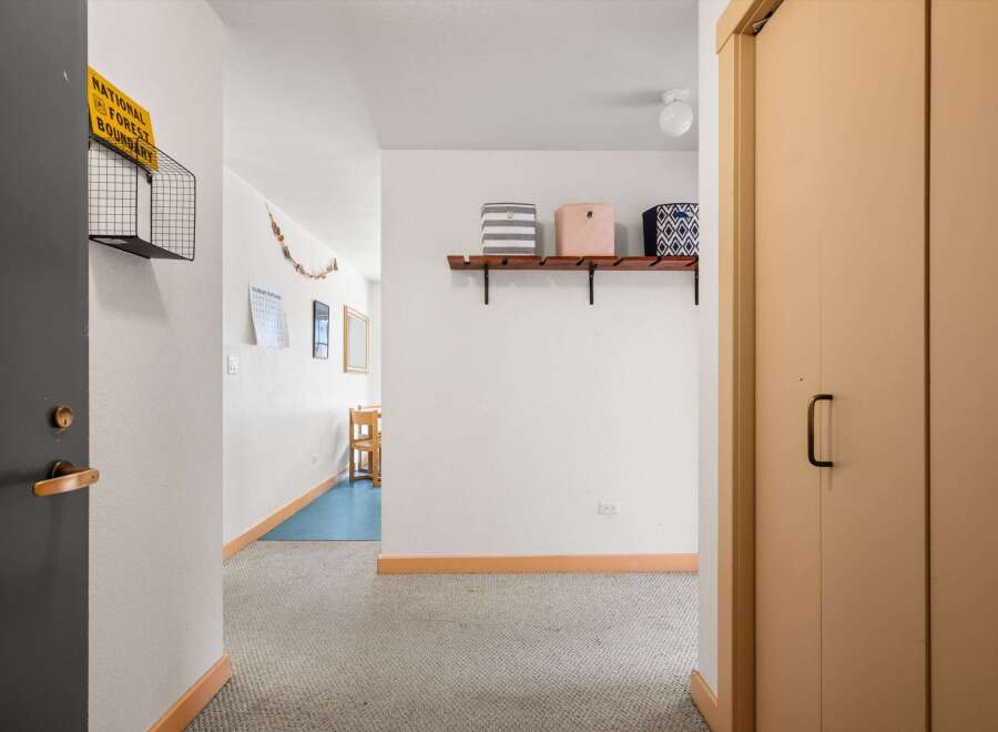 This hallway features a dark gray door with a brass handle and lock, leading into a carpeted area.