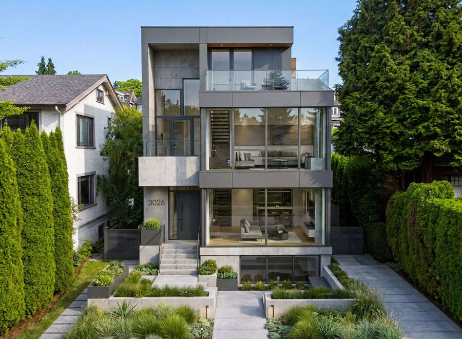 Experience modern luxury in this stunning multi-level residence, featuring sleek concrete and glass architecture.