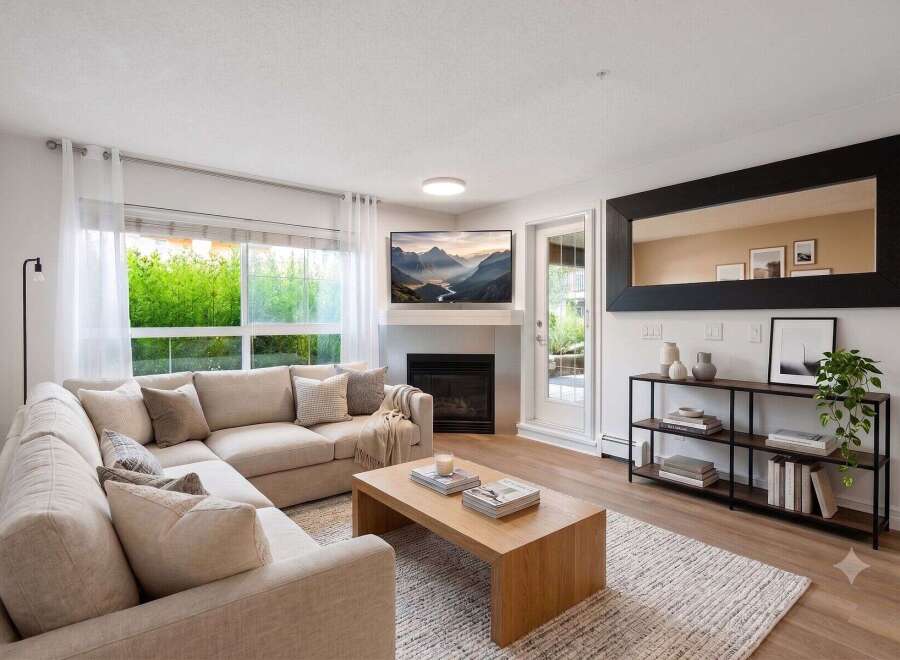 Experience modern living in this beautifully appointed living room, featuring a comfortable sectional sofa perfect for relaxation and entertaining.