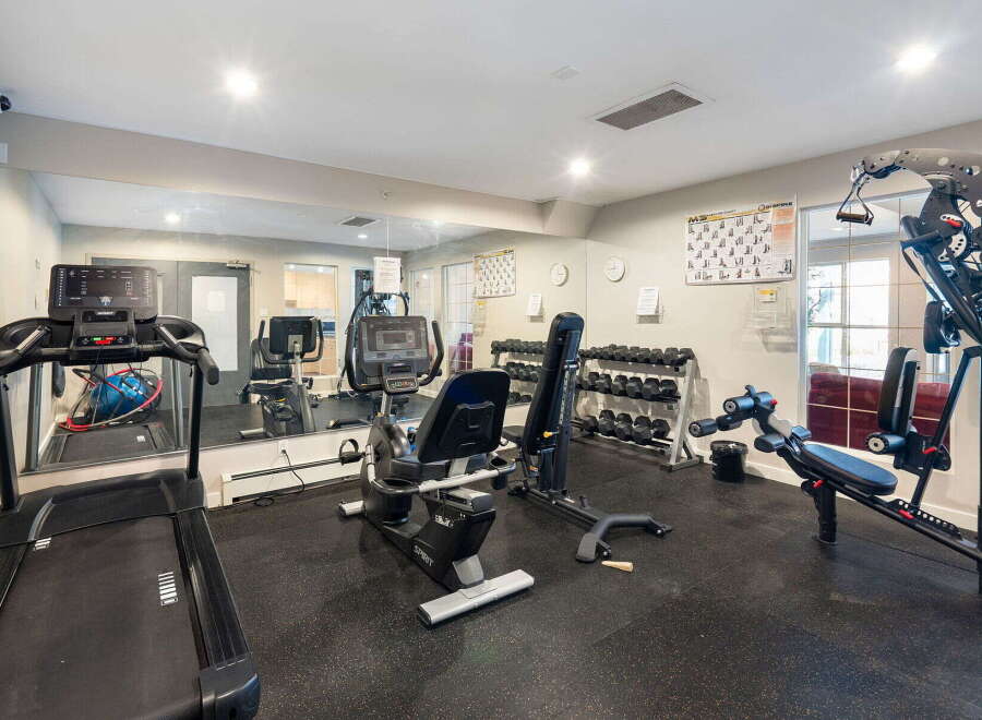 This well-equipped home gym features a variety of cardio machines, including a treadmill and recumbent bike, perfect for your daily workouts.