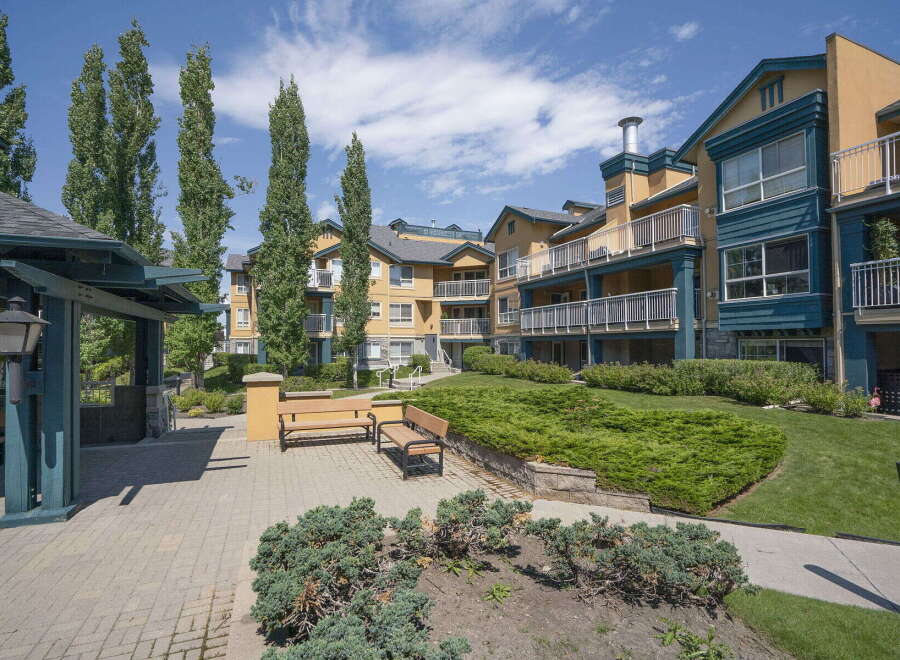 Discover comfortable living in this charming apartment complex, featuring a serene courtyard with ample seating and lush greenery.