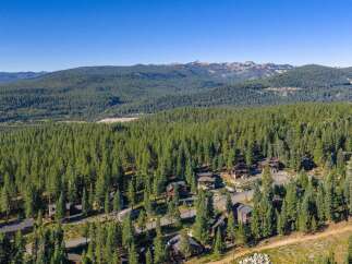 Nestled amidst a dense forest of evergreen trees, this property offers a serene mountain retreat.