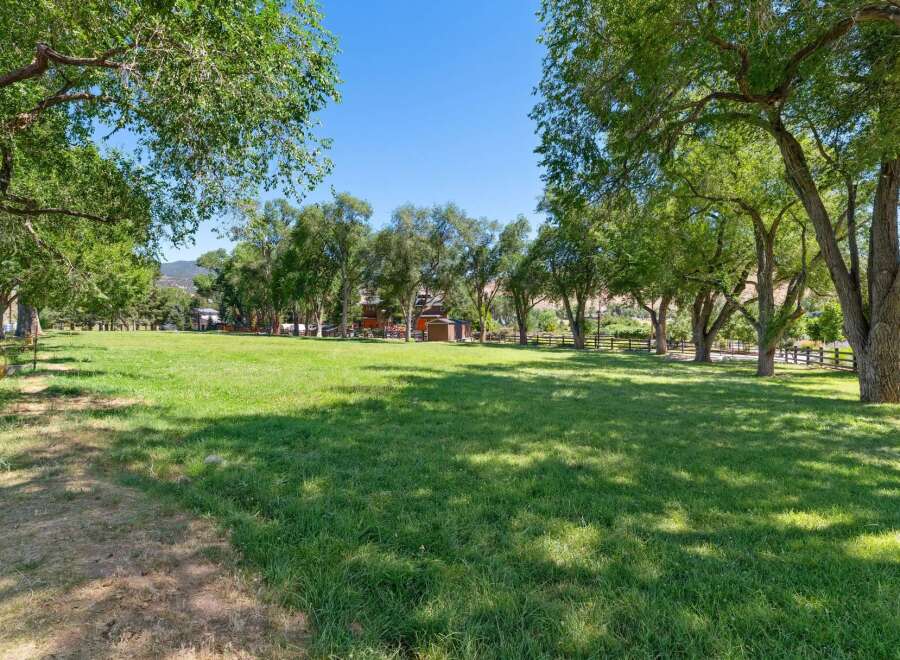 Discover this expansive green lawn, perfect for outdoor activities and gatherings, framed by mature trees offering ample shade.