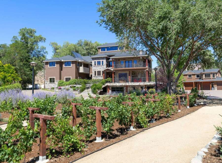 Discover this stunning multi-level estate featuring a blend of stone and stucco architecture, set against a backdrop of lush greenery and mature trees.