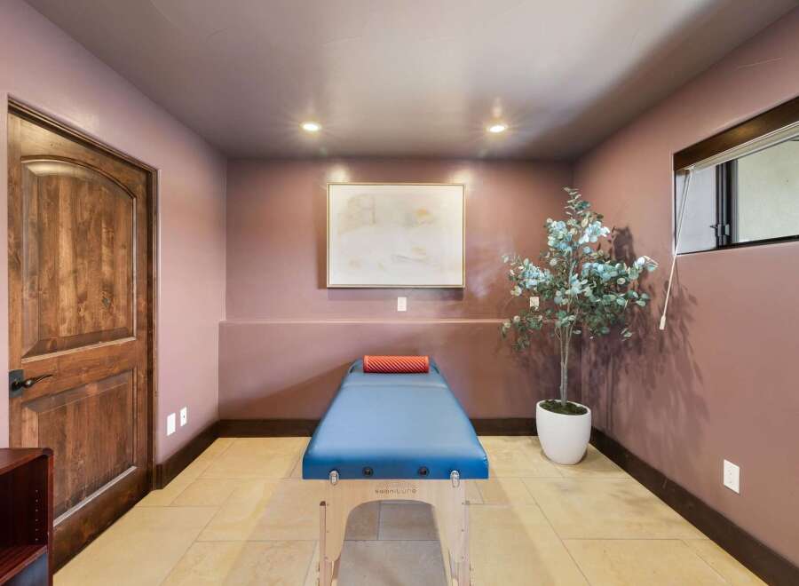 Discover a serene space perfect for relaxation and wellness, featuring a comfortable massage table and a decorative plant.