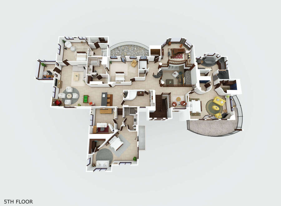 Discover this luxurious 5th-floor residence, featuring a grand piano in a music room, multiple bedrooms, and elegant living spaces.