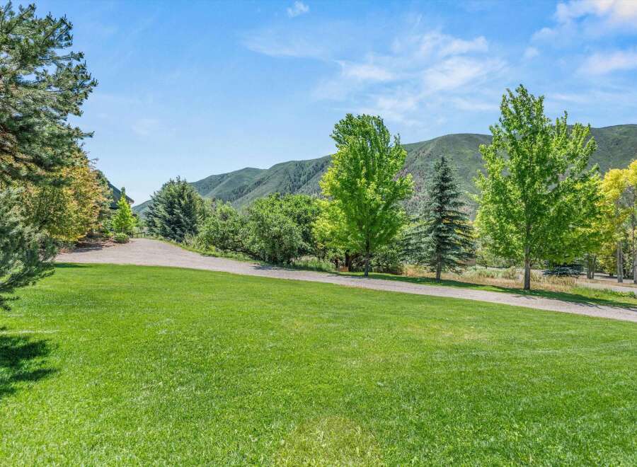 Experience serene mountain living with this stunning property, featuring a lush green lawn and a winding gravel driveway leading to a charming home nestled amongst mature trees.