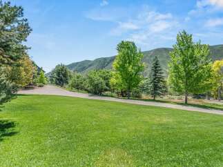 Experience serene mountain living with this stunning property, featuring a lush green lawn and a winding gravel driveway leading to a charming home nestled amongst mature trees.