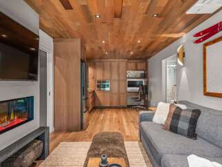 Experience modern mountain living in this stunning space featuring a sleek fireplace and a beautifully paneled wood ceiling.