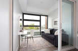This modern living space features a comfortable dark gray sofa adorned with plush pillows, perfect for relaxation.