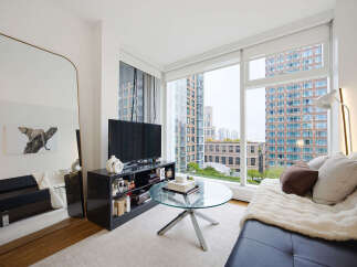 Experience modern urban living in this stylish apartment featuring a sleek black sofa complemented by a plush white throw and accent pillows.