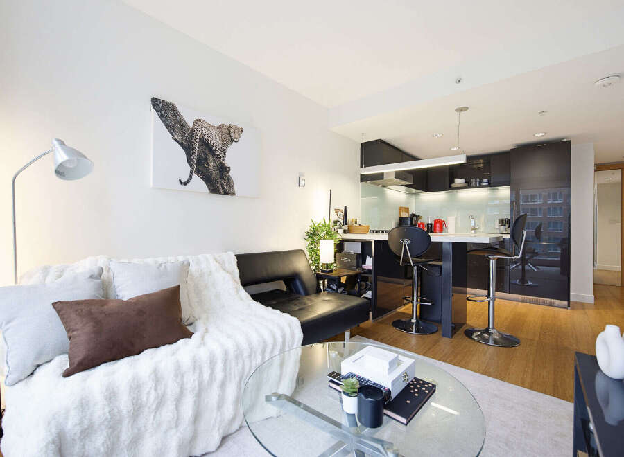 Experience modern urban living in this stylish apartment featuring an open-concept living and kitchen area.
