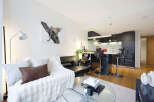 Experience modern urban living in this stylish apartment featuring an open-concept living and kitchen area.