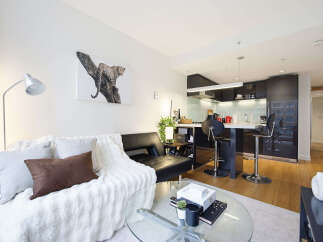 Experience modern urban living in this stylish apartment featuring an open-concept living and kitchen area.