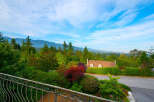 Experience breathtaking mountain views from this stunning property, nestled amidst lush greenery and vibrant foliage.