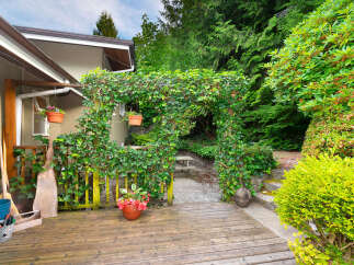 Step into a lush backyard oasis featuring a charming ivy-covered archway leading to a serene seating area.
