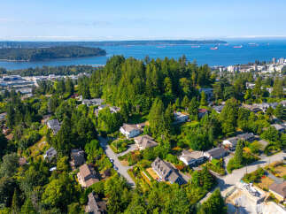 Discover this stunning aerial view of a lush, green neighborhood nestled on a hillside overlooking the water.